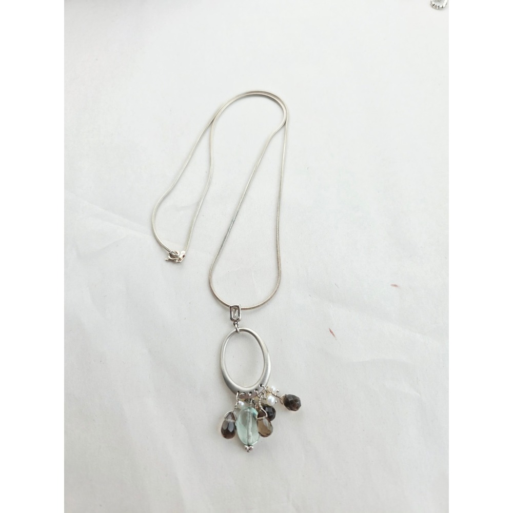 Sterling Silver 925 Snake Chain Necklace Smoky Quartz Pearl Fluorite Pendant